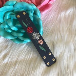 Faux Leather Embroidered Wristband- Navy